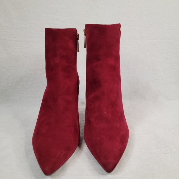 MICHAEL KORS Red Suede Pointed Toe Ankle Boots - Gold Zip 7.5M - Picture 6 of 12